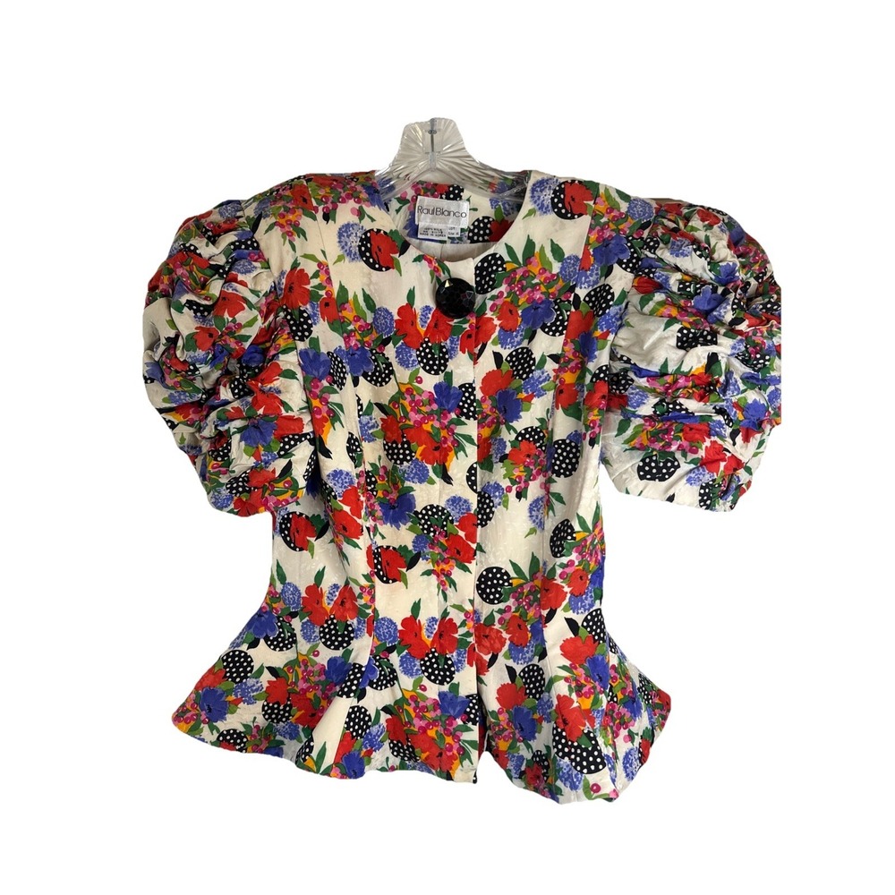 Vintage 80s Raul Blanco 100% Silk Puff Sleeve Peplum Jacket Bloomcore Size 6